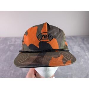 Zep Blaze Orange Camo Snapback Hat Rope Trucker Cap Hunting Fishing Logo Vtg